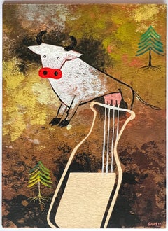 Cute Cow Milks into Bottle. Mid Century Illustration