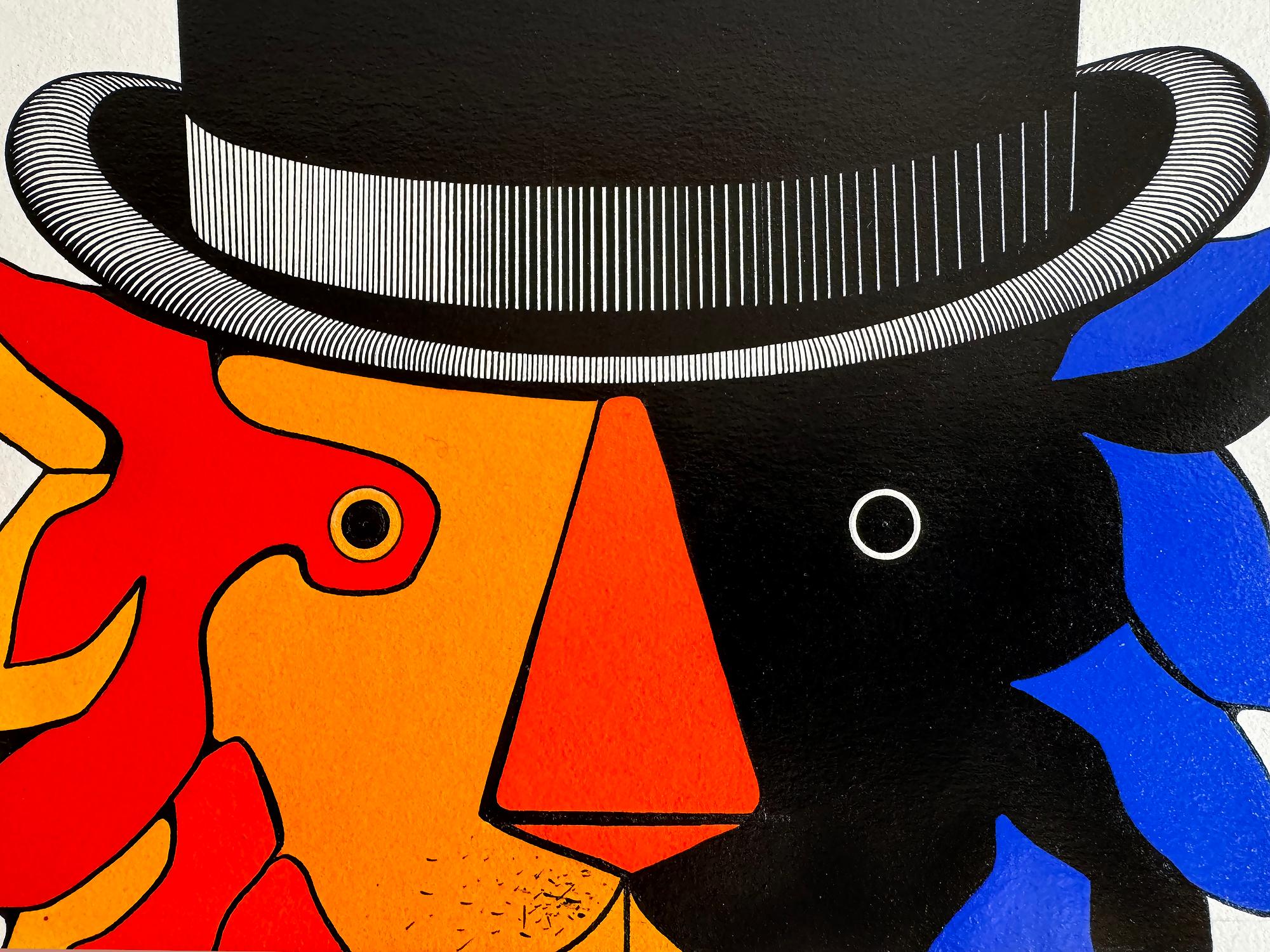 Leone con cappello a bombetta in giallo, rosso, blu, rivista per le vacanze di metà secolo - Painting di George Giusti