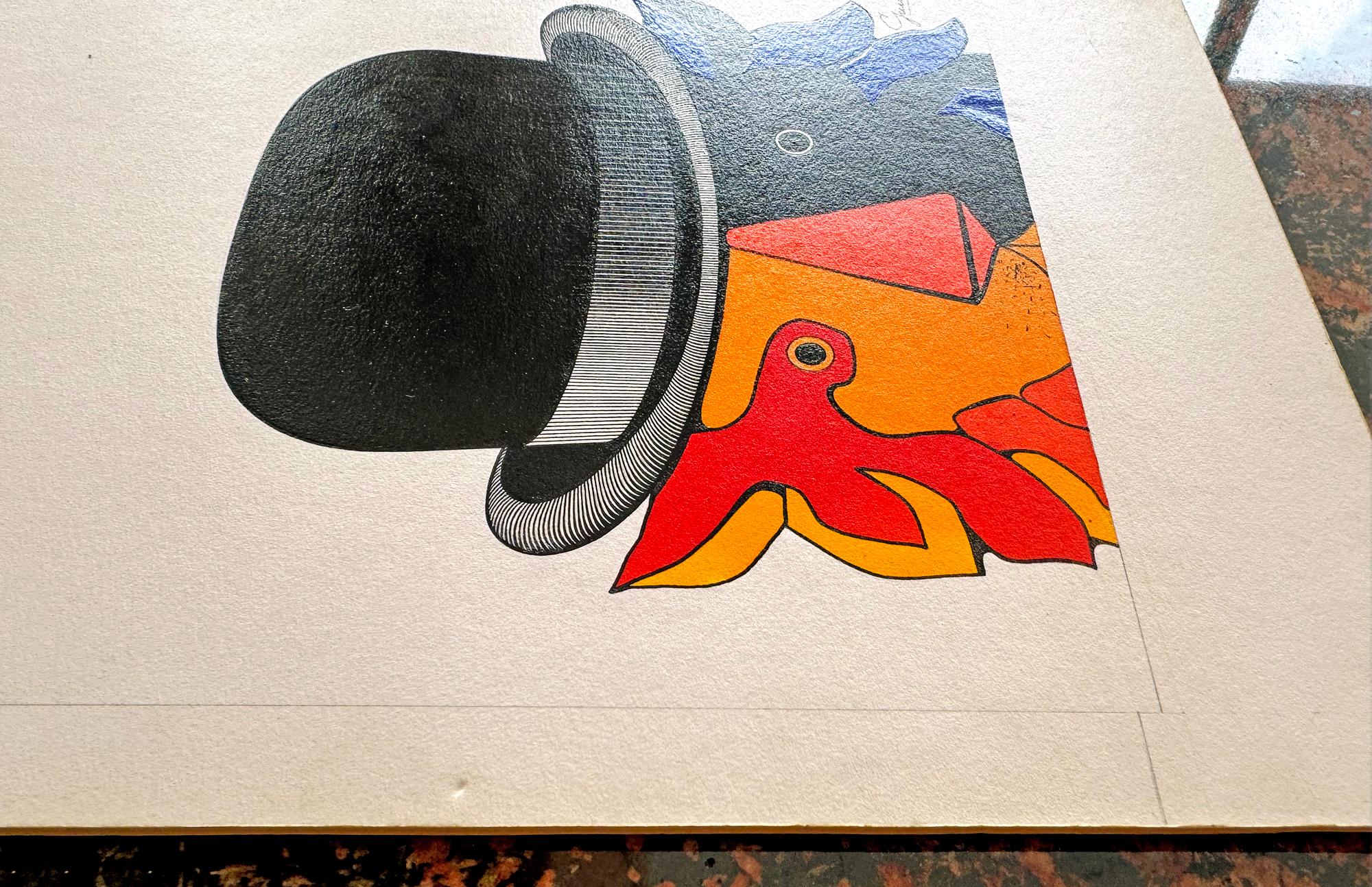 Leone con cappello a bombetta in giallo, rosso, blu, rivista per le vacanze di metà secolo - Painting Astrattismo geometrico di George Giusti
