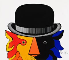 Chapeau de bowler graphique jaune, rouge et bleu, magazine de vacances du milieu du siècle