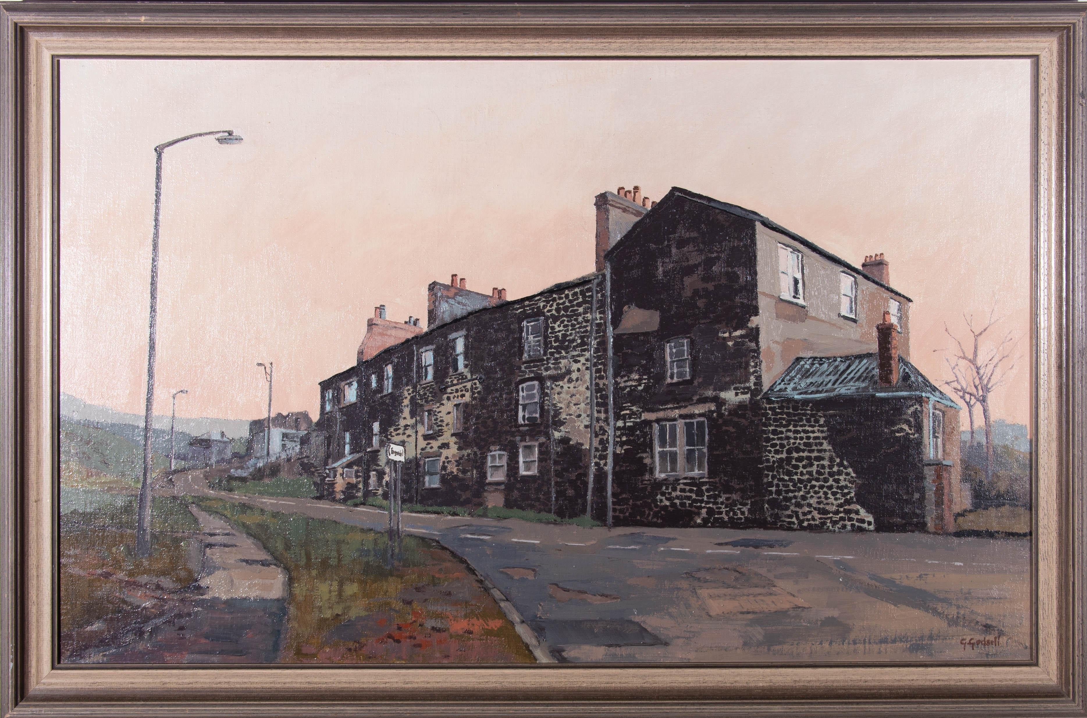 A fine 20th Century oil scene showing North Street in the Welsh province of Blaenavon. The painting holds a pragmatic realism, whilst adding a gentle beauty to the scene with a delicate blushing sky. The artist haw signed to the lower right corner
