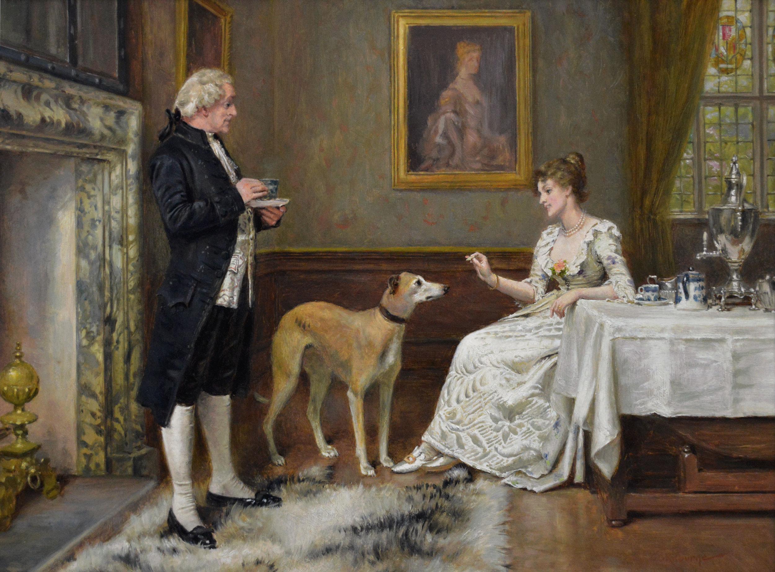 19th Century genre oil painting of man & woman with a greyhound - Painting by George Goodwin Kilburne