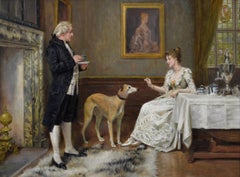 Quadro ad olio di genere del XIX secolo raffigurante un uomo e una donna con un levriero