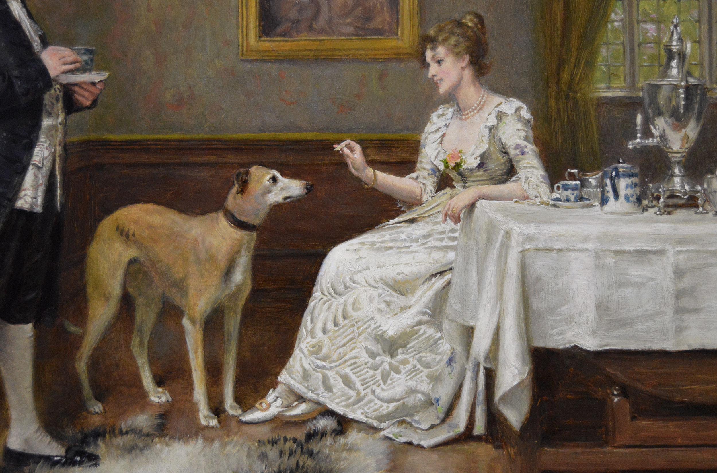 19th Century genre oil painting of man & woman with a greyhound - Victorian Painting by George Goodwin Kilburne