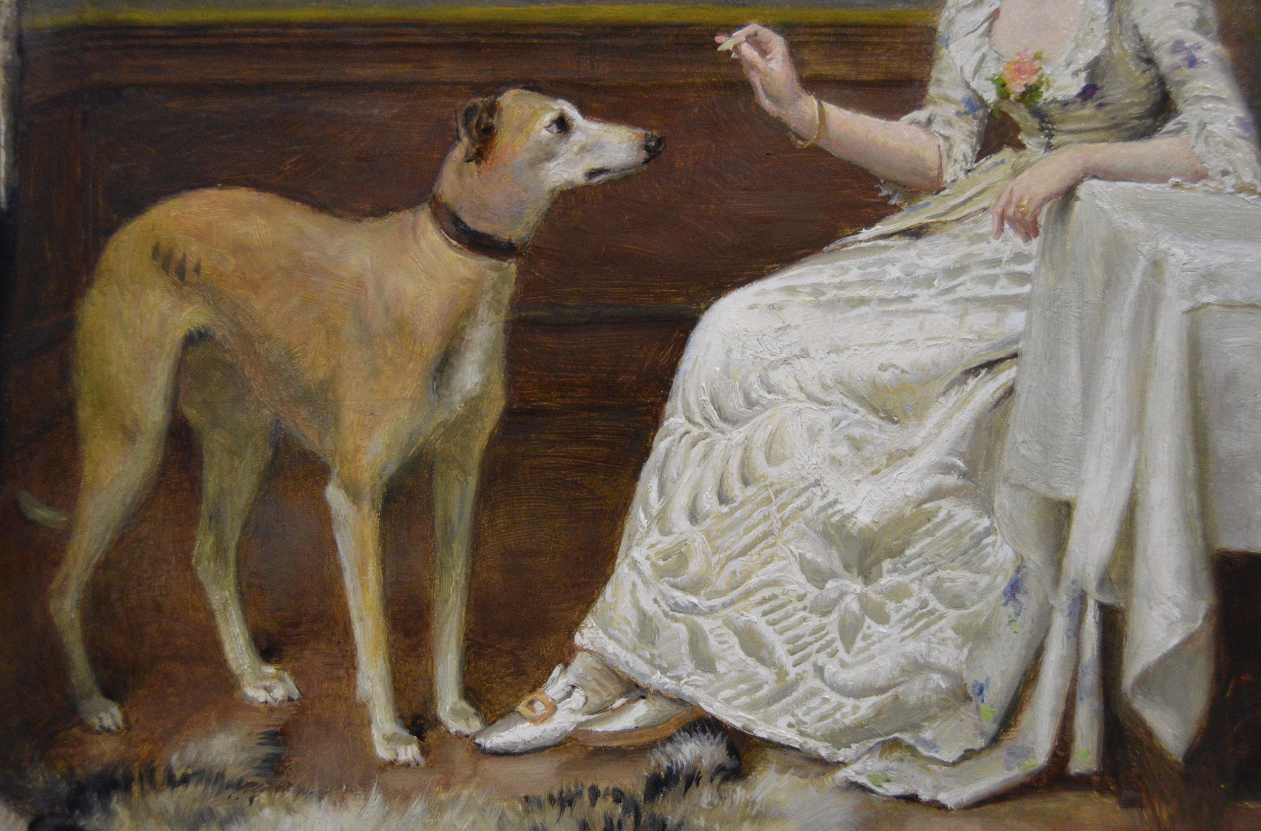 19th Century genre oil painting of man & woman with a greyhound - Brown Figurative Painting by George Goodwin Kilburne