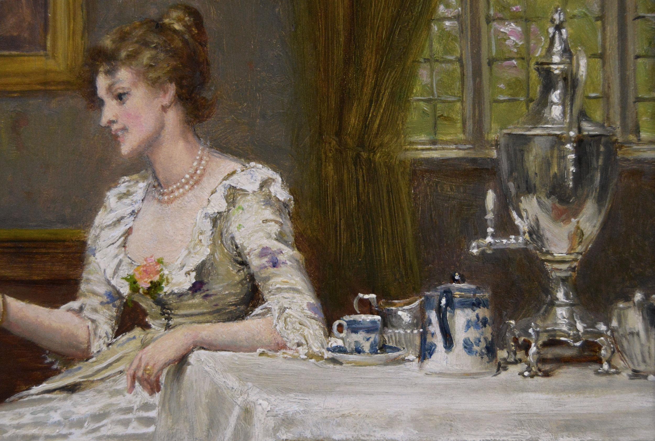 George Goodwin Kilburne
British, (1839-1924)
The Favourite
Oil on panel, signed
Image size: 11.5 inches x 15.75 inches 
Size including frame: 17.75 inches x 22 inches
Provenance: Horner Galleries, Sheffield; Colmore Galleries Ltd, Henley-in-Arden

A
