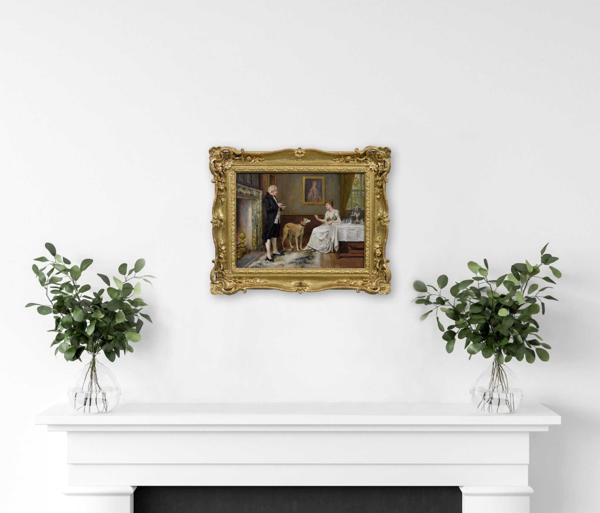 19th Century genre oil painting of man & woman with a greyhound For Sale 4