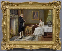19th Century genre oil painting of man & woman with a greyhound