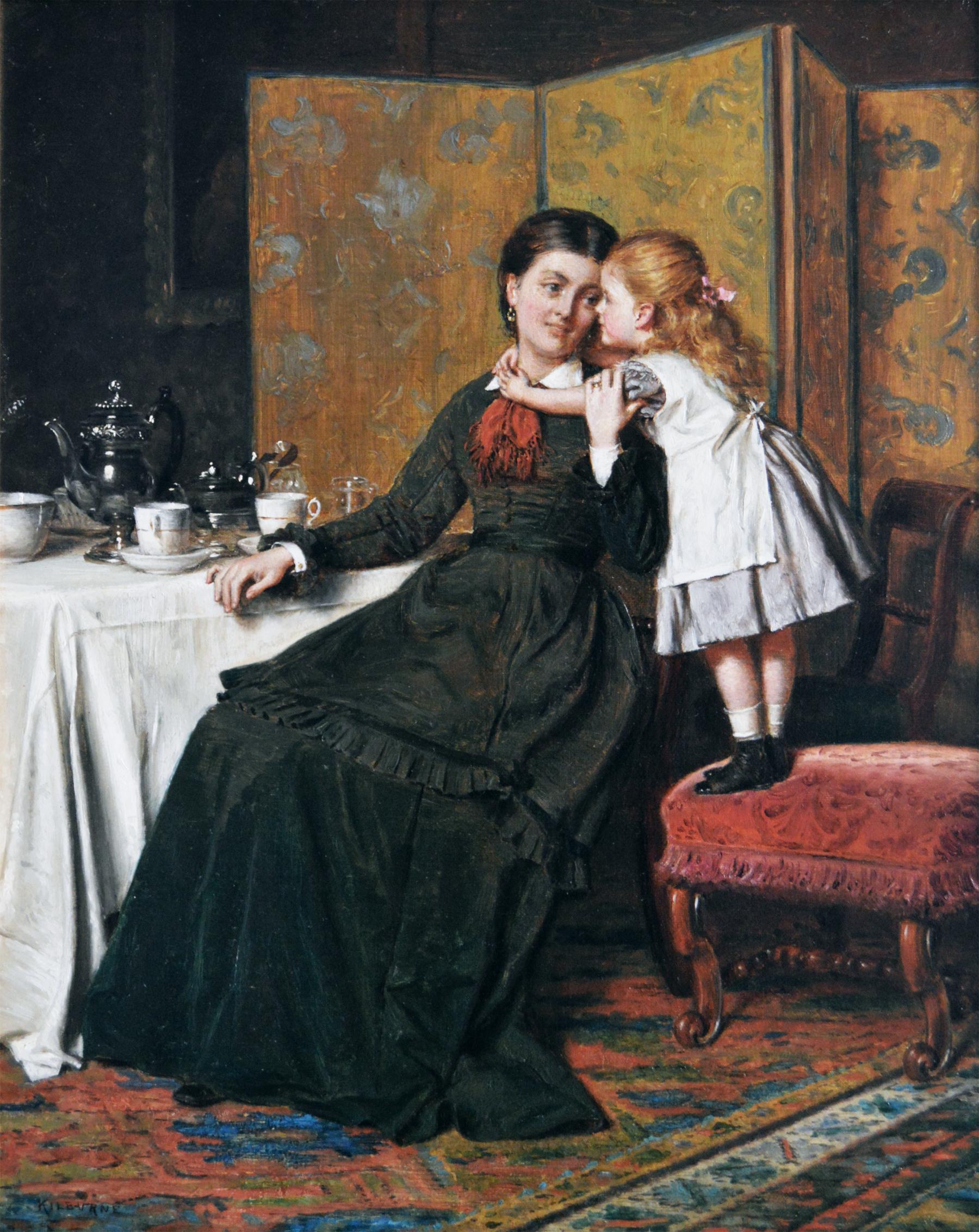 19th Century genre oil painting of a mother and daughter - Painting by George Goodwin Kilburne