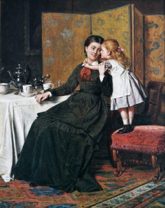 19th Century genre oil painting of a mother and daughter