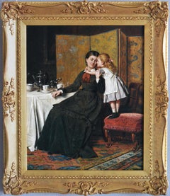 19th Century genre oil painting of a mother and daughter