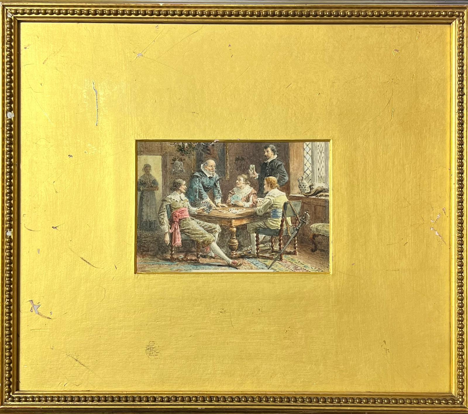 Cavaliers à l'intérieur d'une taverne jouant aux cartes Belle aquarelle victorienne - Painting de George Goodwin Kilburne