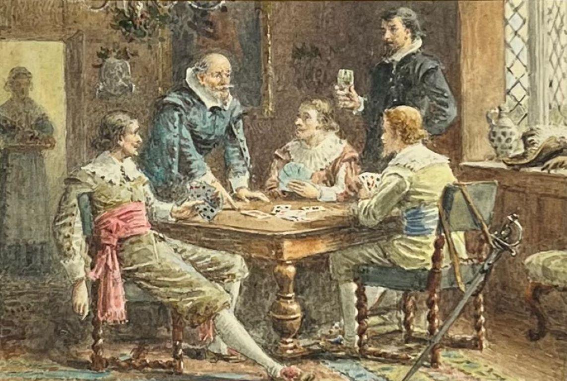 George Goodwin Kilburne Interior Painting - Cavaliers in Tavern Interior Playing Cards Fine Victorian Watercolor Painting