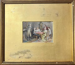 Elegante famiglia georgiana in un grande interno che gioca a carte, quadro firmato