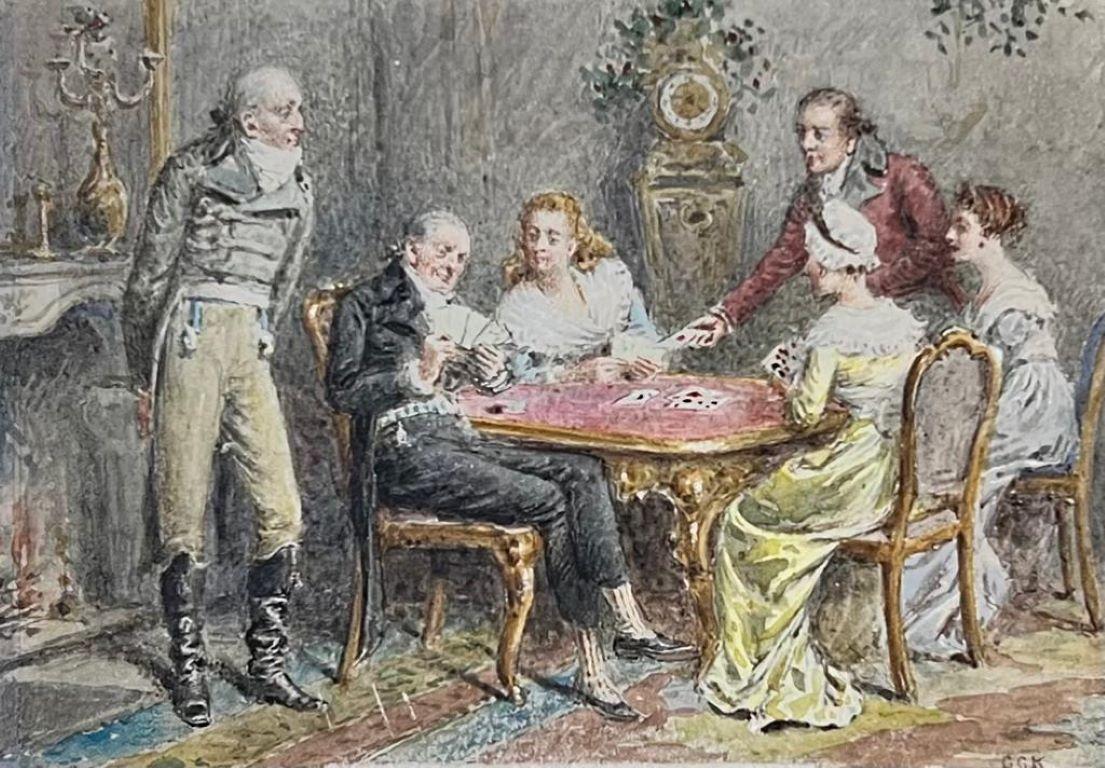 Peinture de famille géorgienne élégante dans un grand intérieur en train de jouer au jeu de cartes signée
