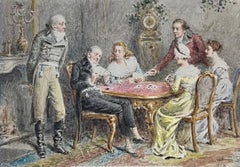 Georgian Elegant Family in Grand Interior Playing Game of Cards Signed Painting