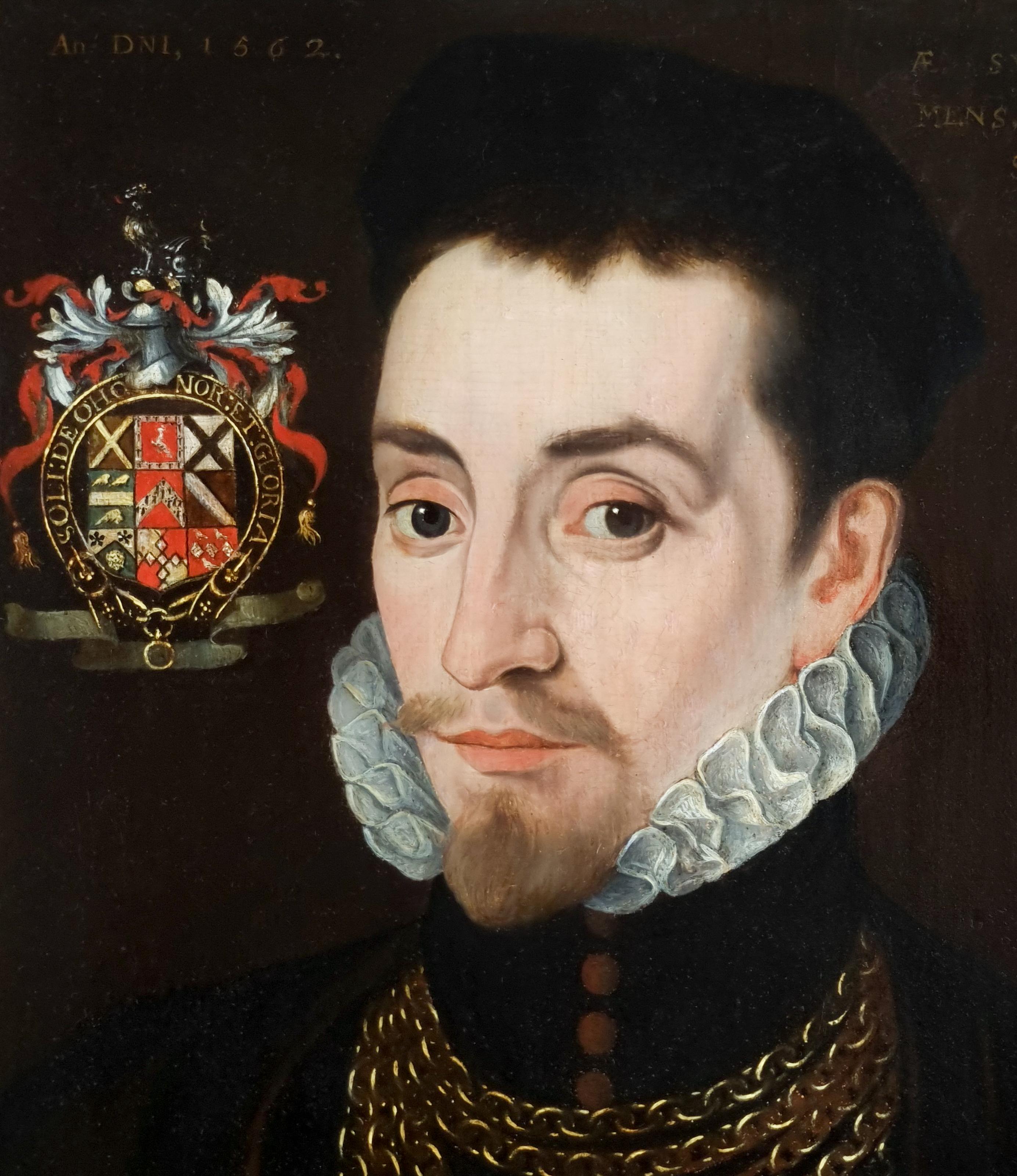 Portrait of an Elizabethan Gentleman, Edmund Huddleston Dated 1562, oil on panel - Black Portrait Painting by George Gower