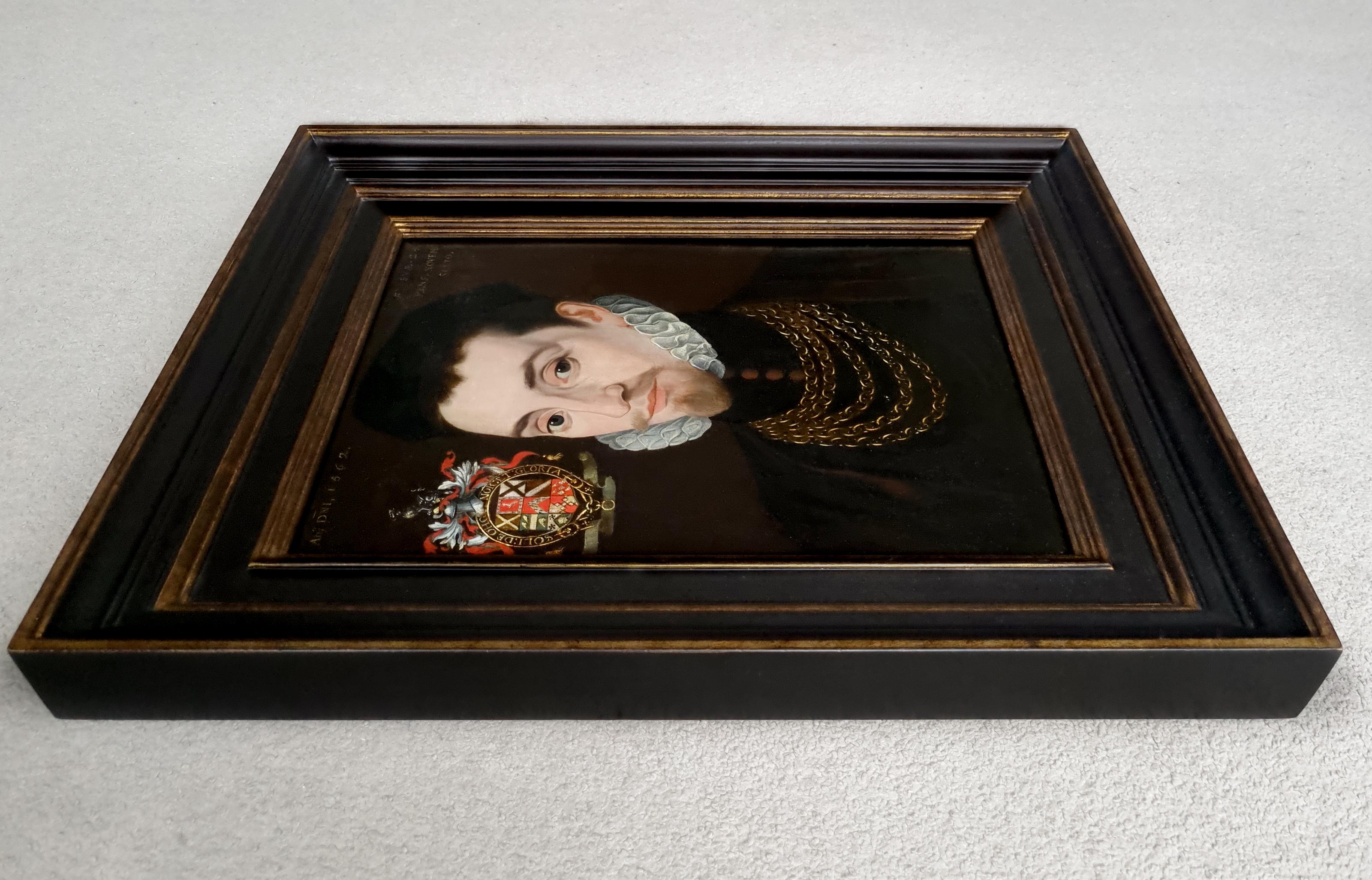 Portrait of an Elizabethan Gentleman, Edmund Huddleston Dated 1562
Follower of George Gower (1540-1596) 

This oil on panel work formed part of a collection of family pictures and heirlooms of the Whythes family at Copped Hall, an English country