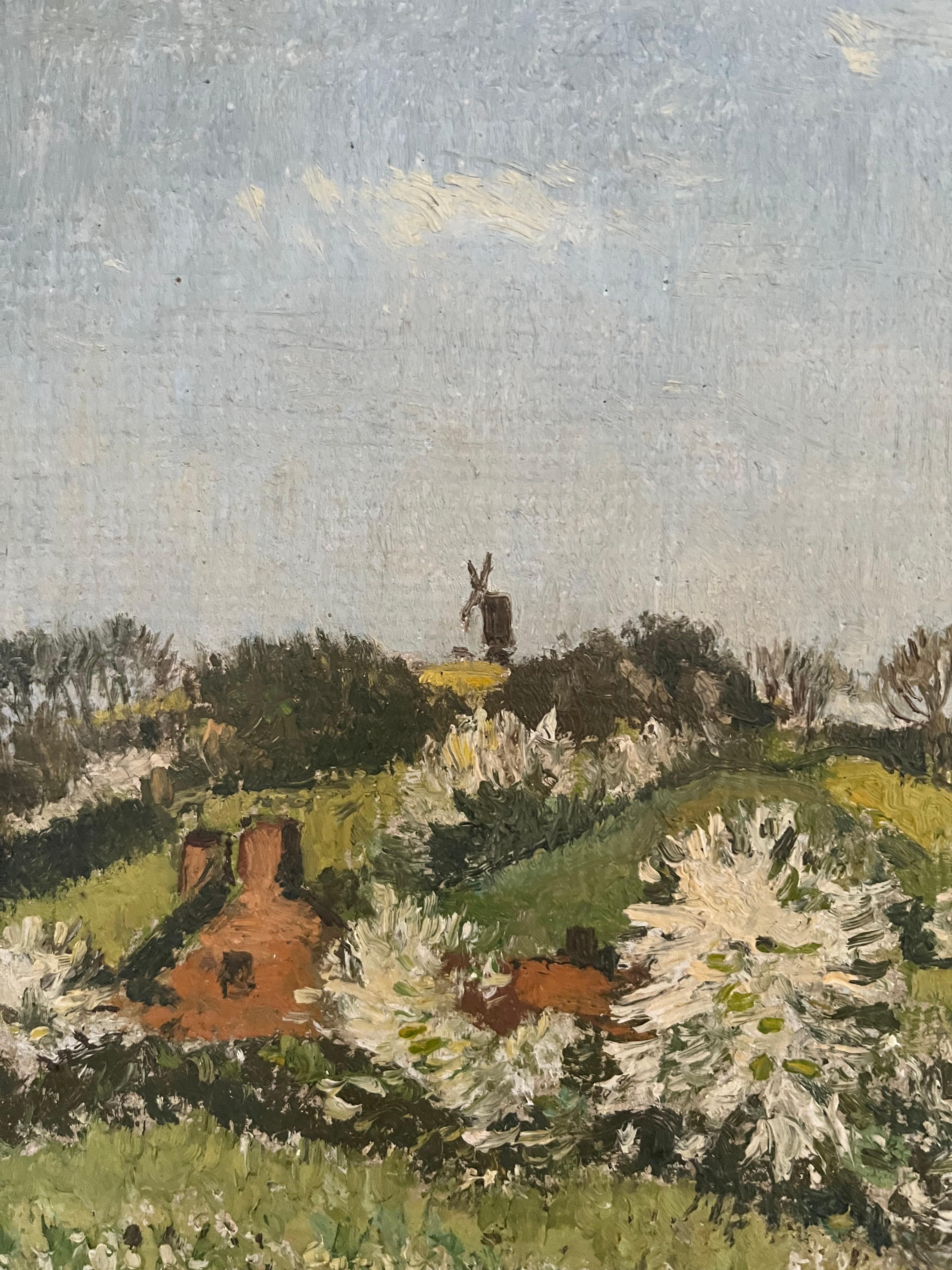 A really appealing view of the English countryside in the springtime with rolling hills, cattle grazing in lush pasture and a windmill off in the distance.

George Graham (1881-1949)
Springtime
Signed and dated 1948
Oil on canvas laid down on