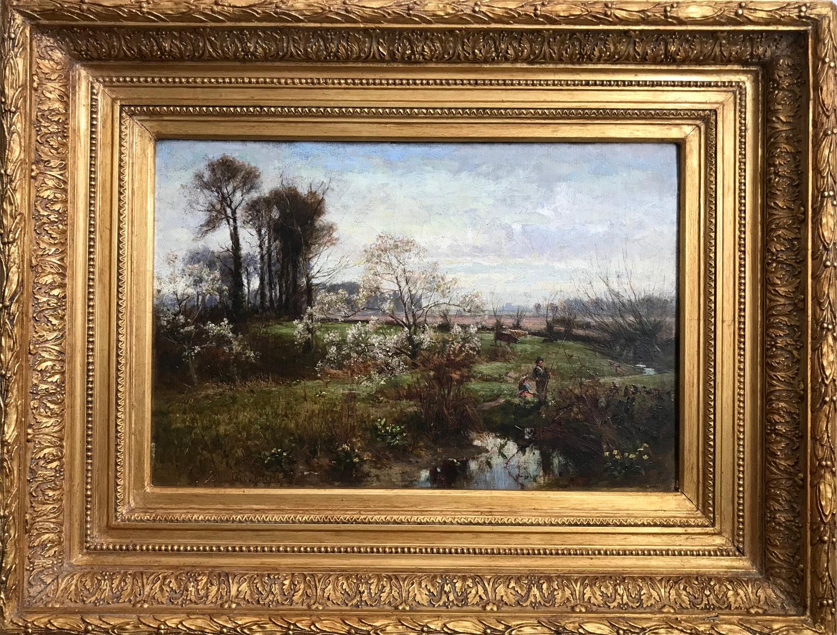 Oil on canvas signed lower left 'Geo Gray'.

A rustic spring country scene with a young couple fishing on the banks of a small brook. The river bank with daffodils and blossom trees, with far reaching views across a meadow with cows and ploughed