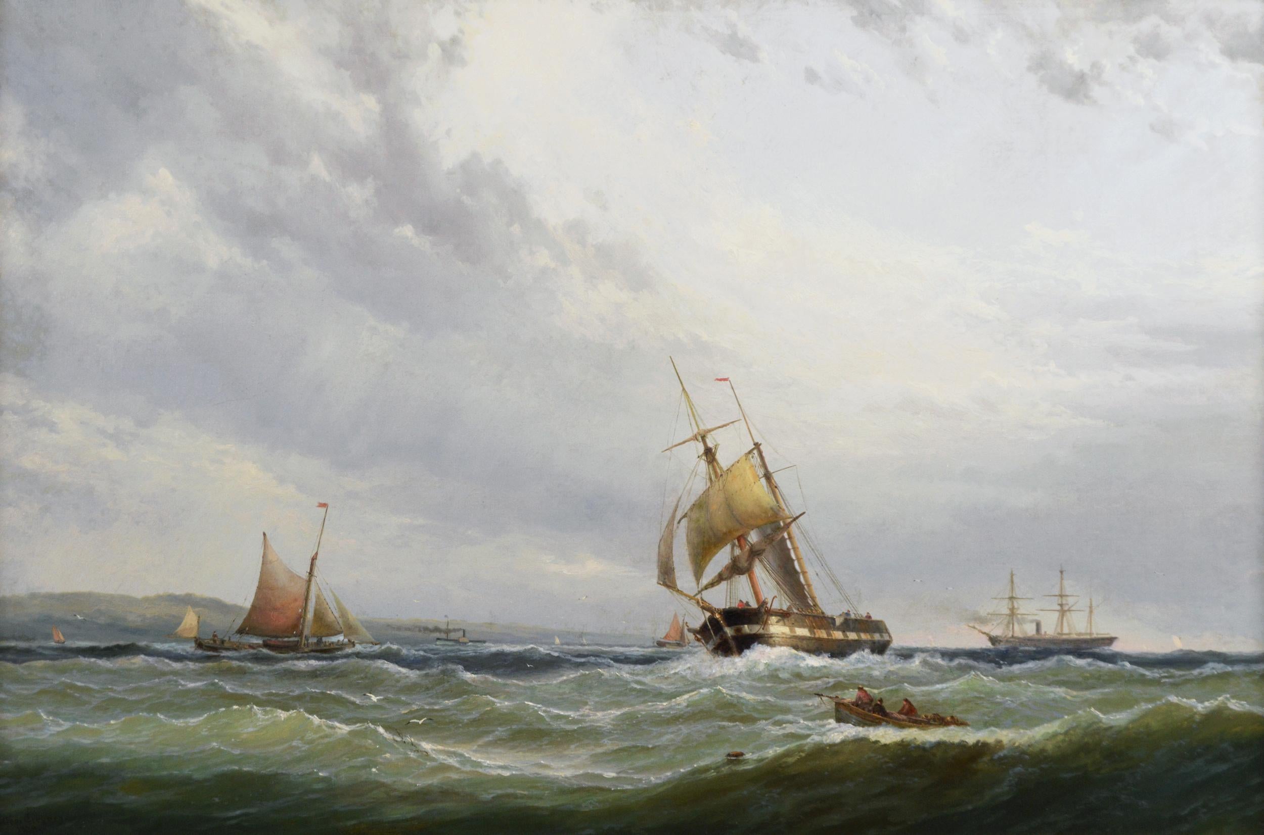 19th Century marine oil painting of ships on the Solent off the Isle of Wight - Painting by George Gregory