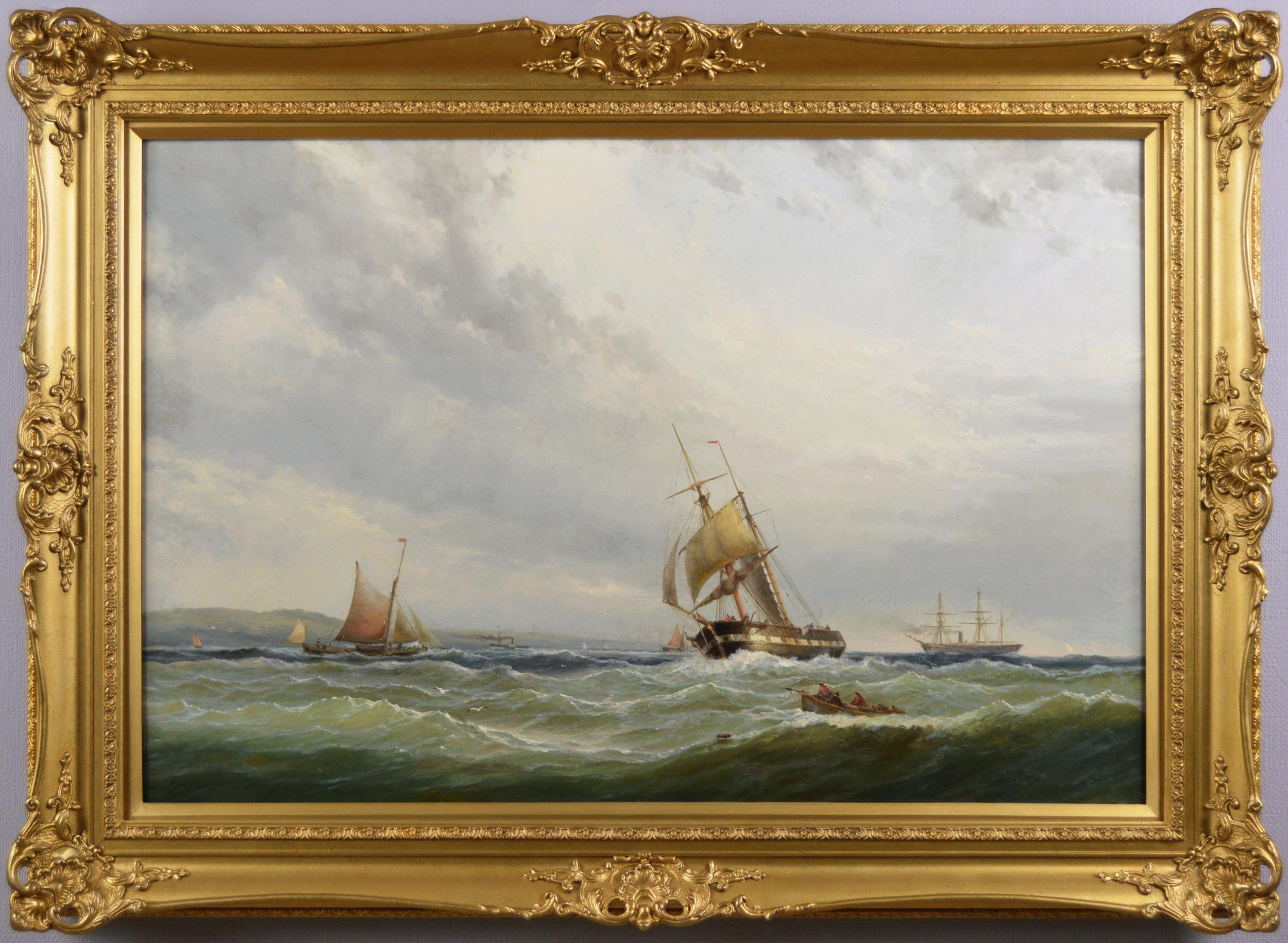 George Gregory Landscape Painting - 19th Century marine oil painting of ships on the Solent off the Isle of Wight