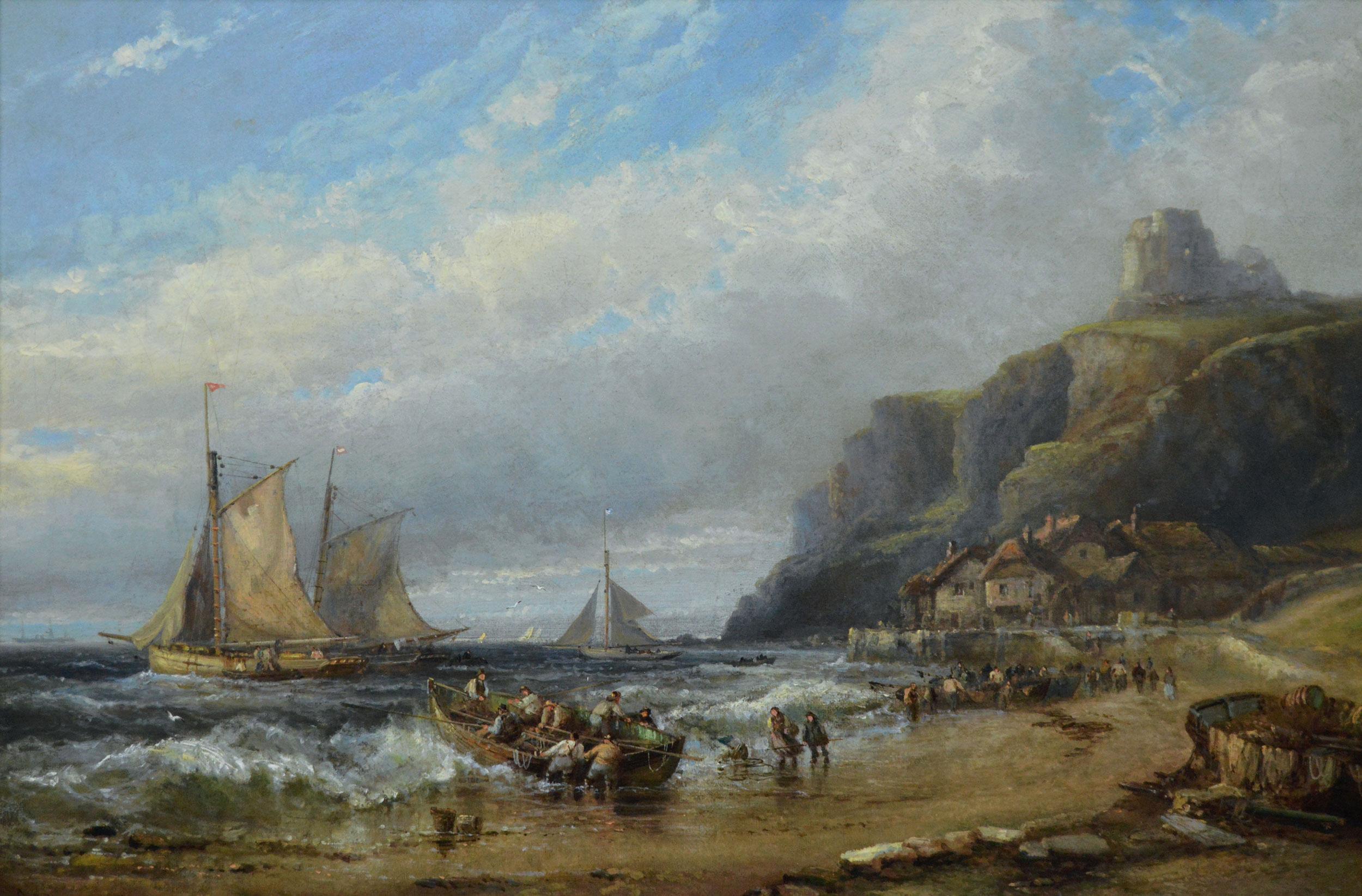 Ölgemälde einer Seelandschaft aus dem 19. Jahrhundert mit Fischerbooten in der Nähe eines Küstendorfes – Painting von George Gregory
