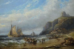 19th Century seascape oil painting of fishing boats near a coastal village