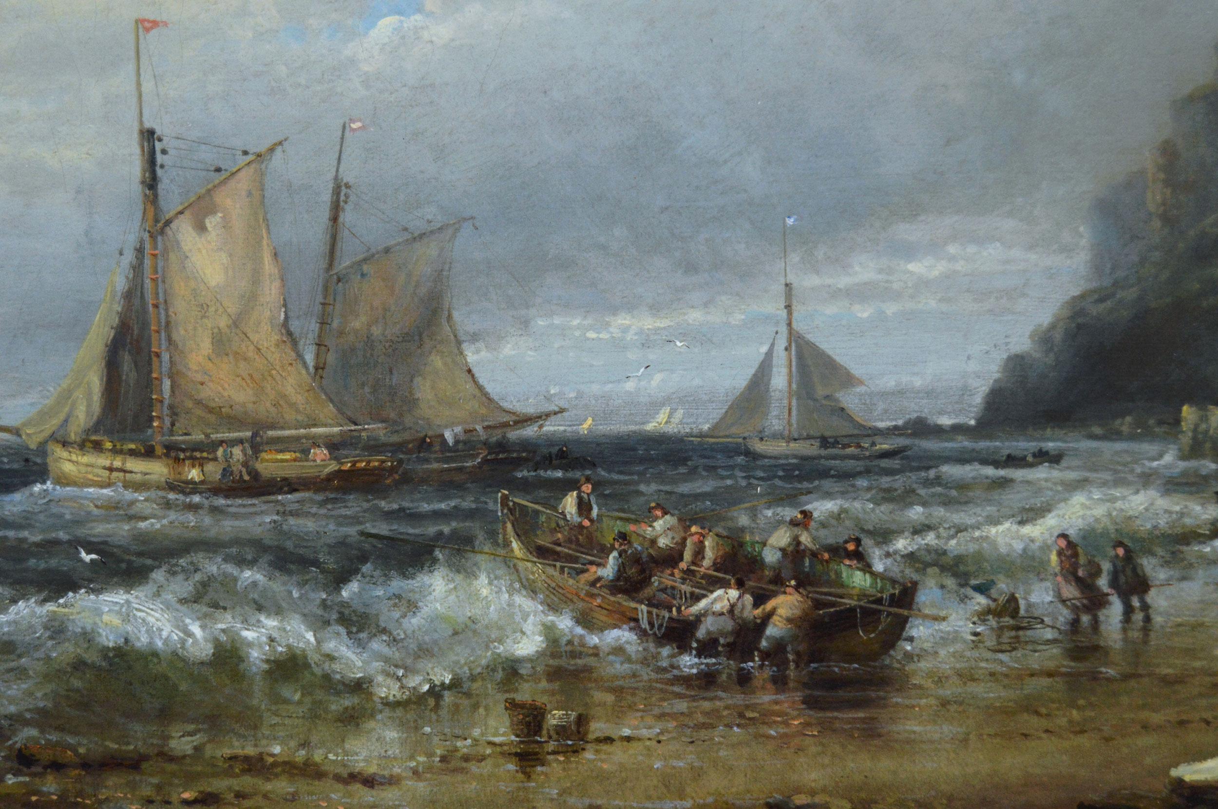 Ölgemälde einer Seelandschaft aus dem 19. Jahrhundert mit Fischerbooten in der Nähe eines Küstendorfes (Viktorianisch), Painting, von George Gregory