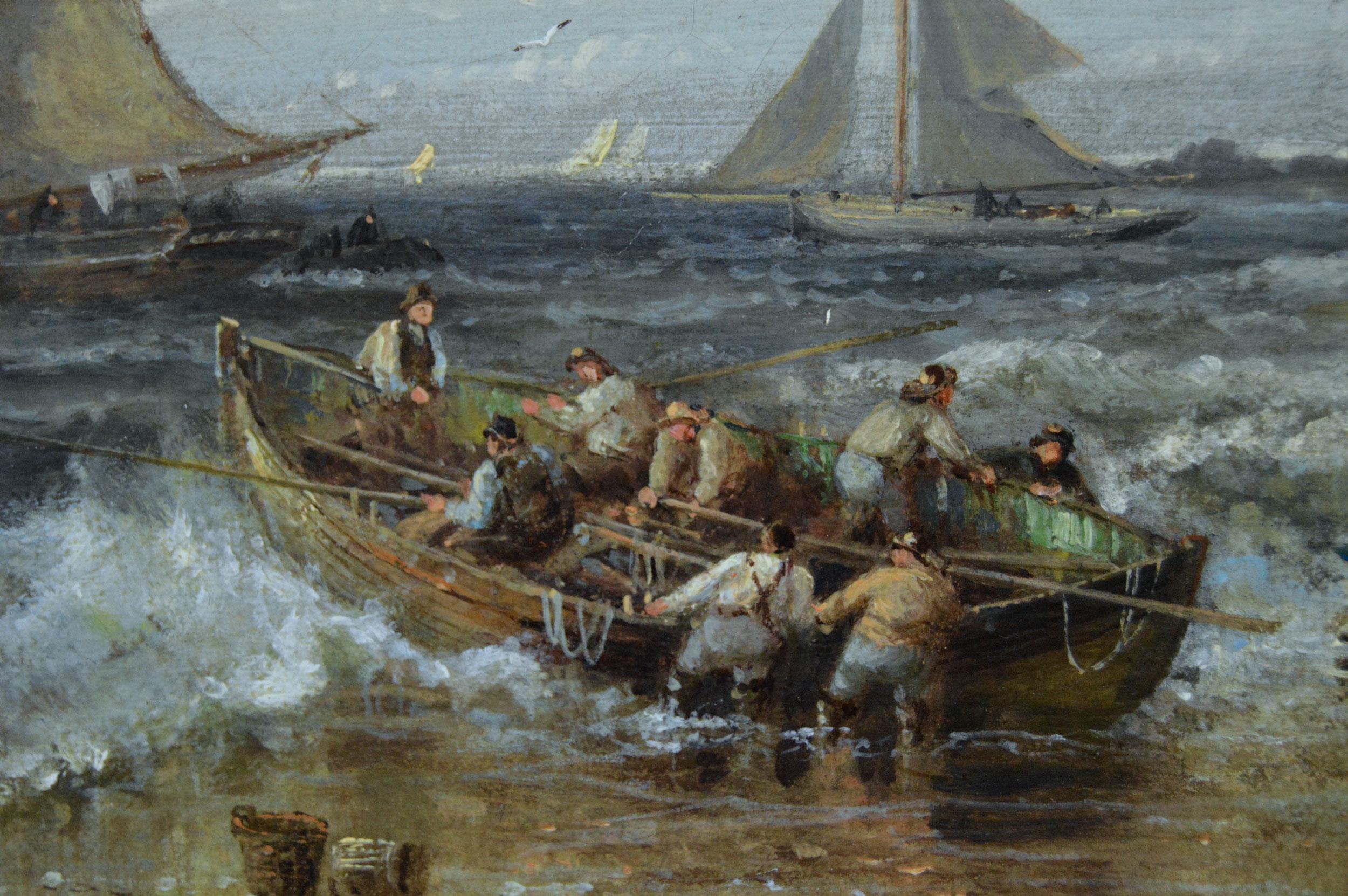 Ölgemälde einer Seelandschaft aus dem 19. Jahrhundert mit Fischerbooten in der Nähe eines Küstendorfes (Braun), Landscape Painting, von George Gregory