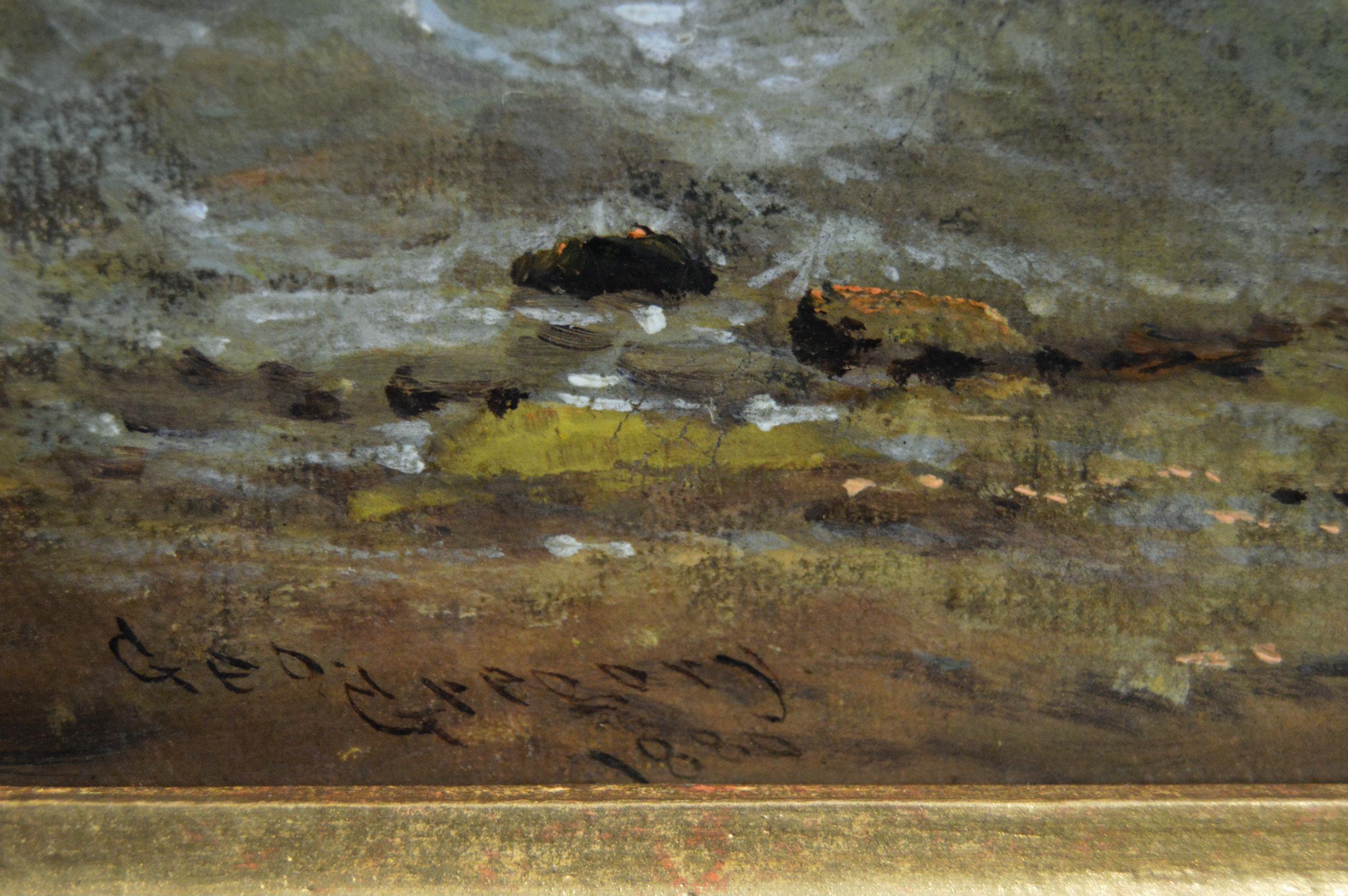 Ölgemälde einer Seelandschaft aus dem 19. Jahrhundert mit Fischerbooten in der Nähe eines Küstendorfes im Angebot 1