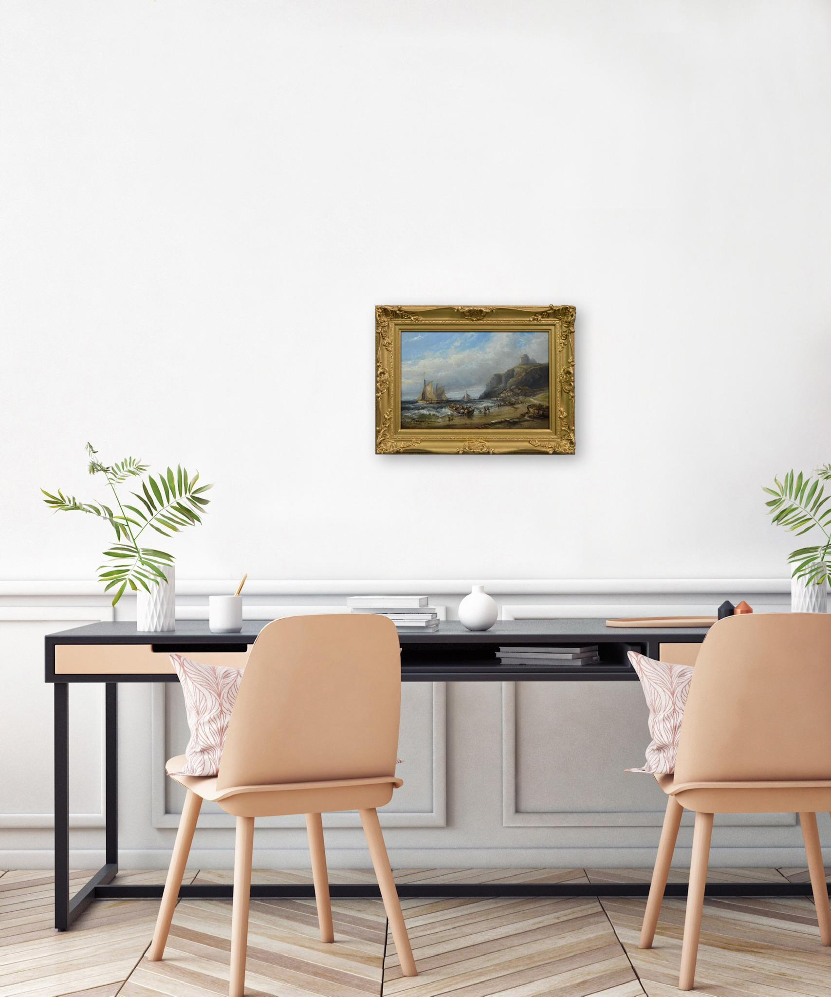 Ölgemälde einer Seelandschaft aus dem 19. Jahrhundert mit Fischerbooten in der Nähe eines Küstendorfes im Angebot 2