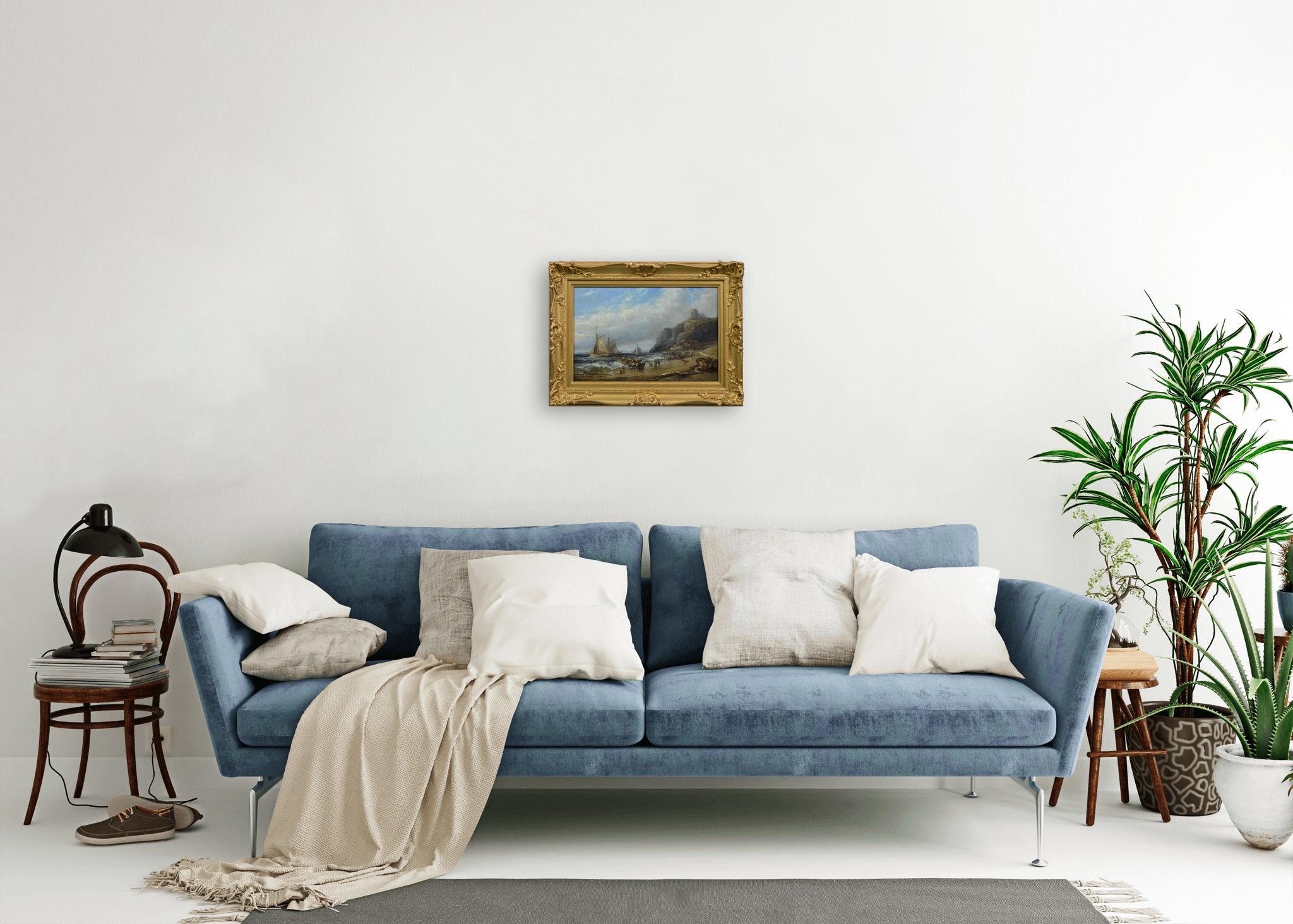 Ölgemälde einer Seelandschaft aus dem 19. Jahrhundert mit Fischerbooten in der Nähe eines Küstendorfes im Angebot 3