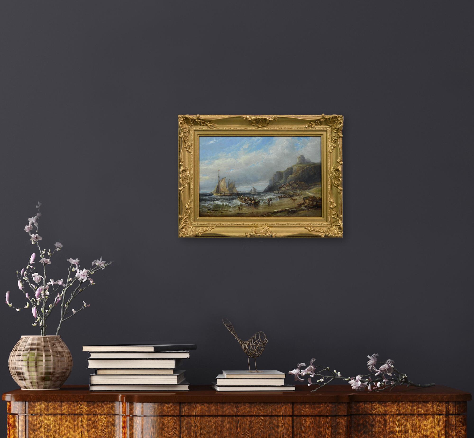 Ölgemälde einer Seelandschaft aus dem 19. Jahrhundert mit Fischerbooten in der Nähe eines Küstendorfes im Angebot 4