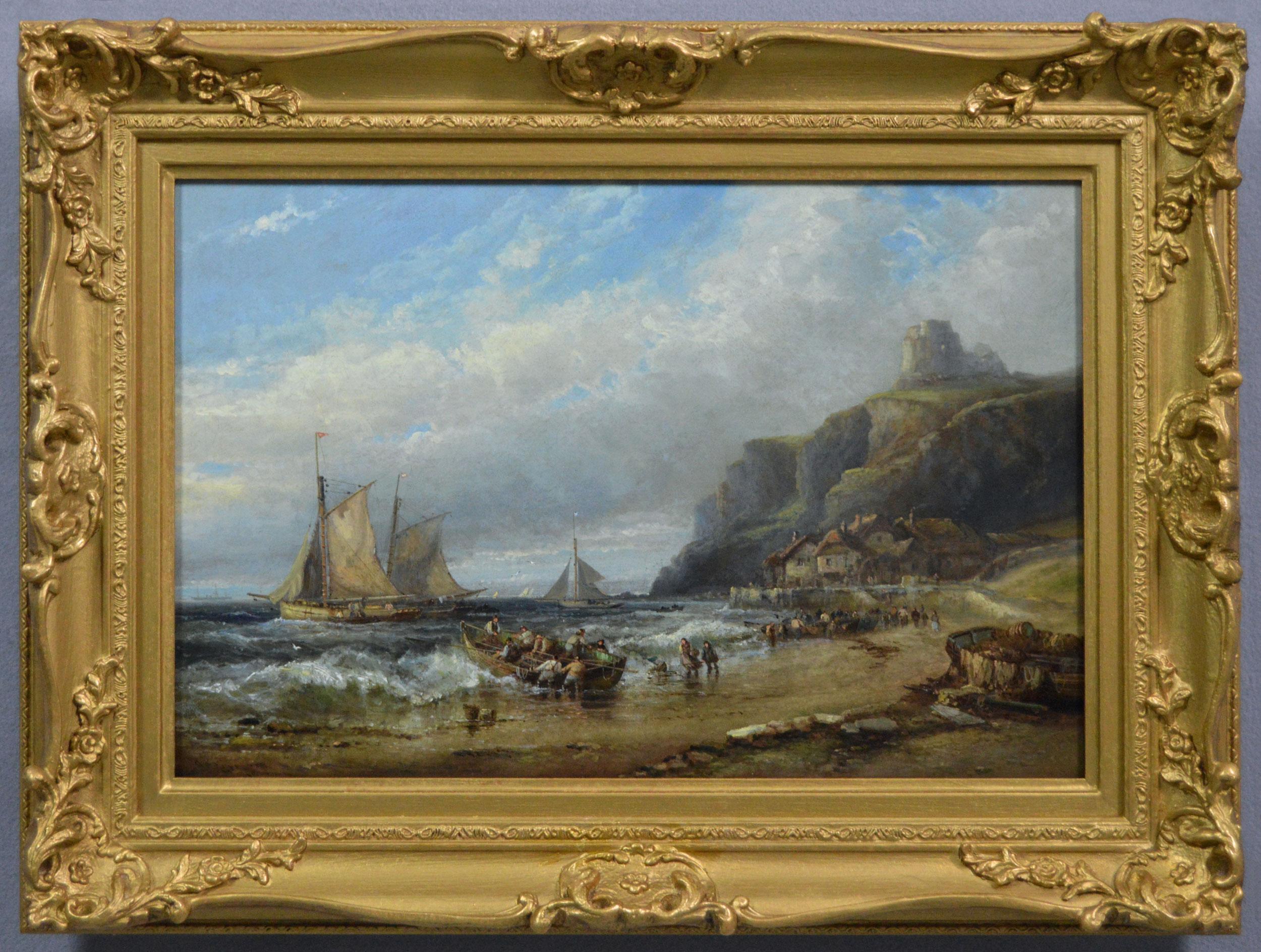 Ölgemälde einer Seelandschaft aus dem 19. Jahrhundert mit Fischerbooten in der Nähe eines Küstendorfes