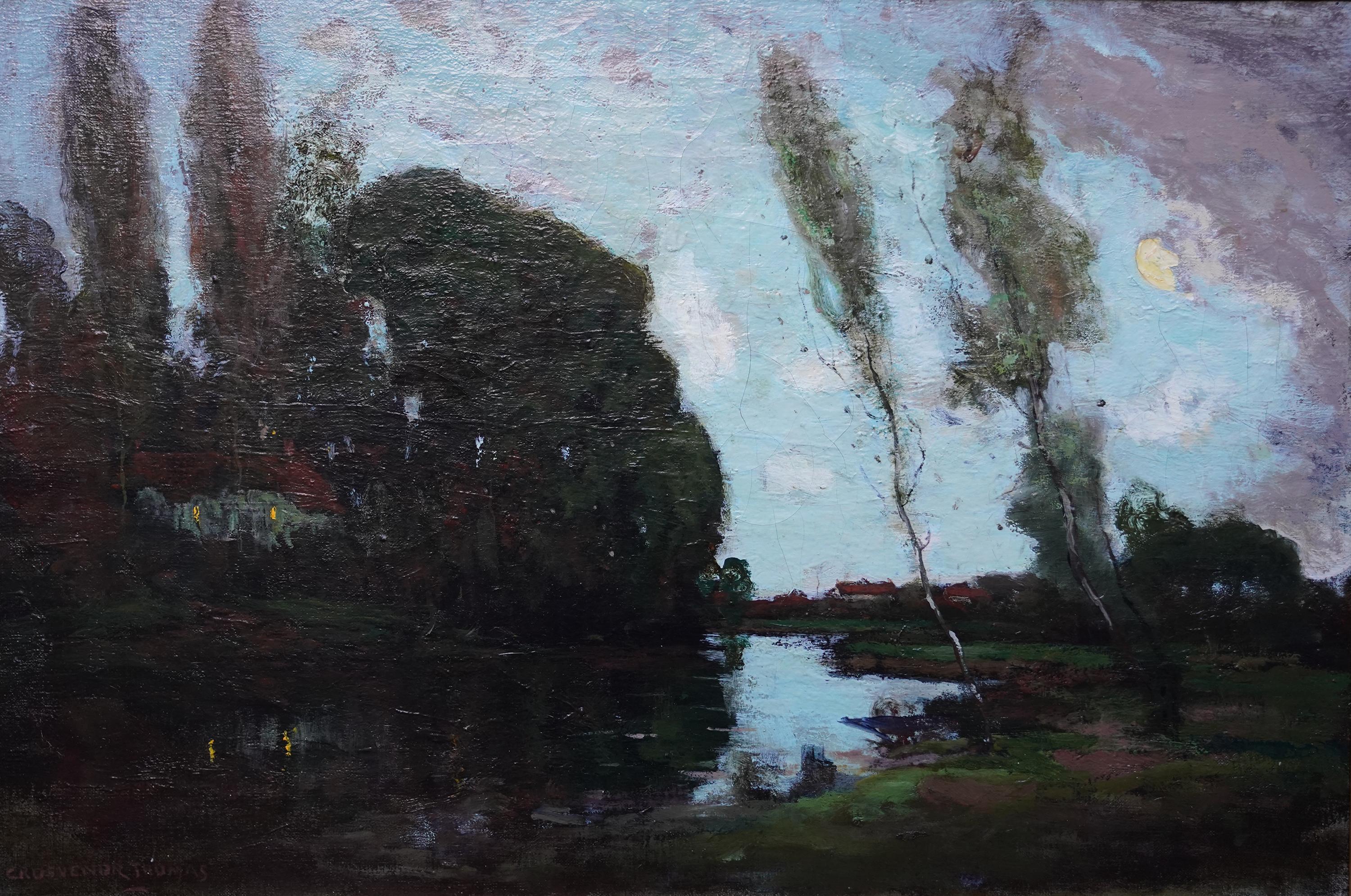 A superb Scottish landscape oil painting by Glasgow Boy artist George Grosvenor Thomas. Painted circa 1900 the composition is a river landscape, the river running through fields with a dwelling nestling in the trees, its lights reflecting in the