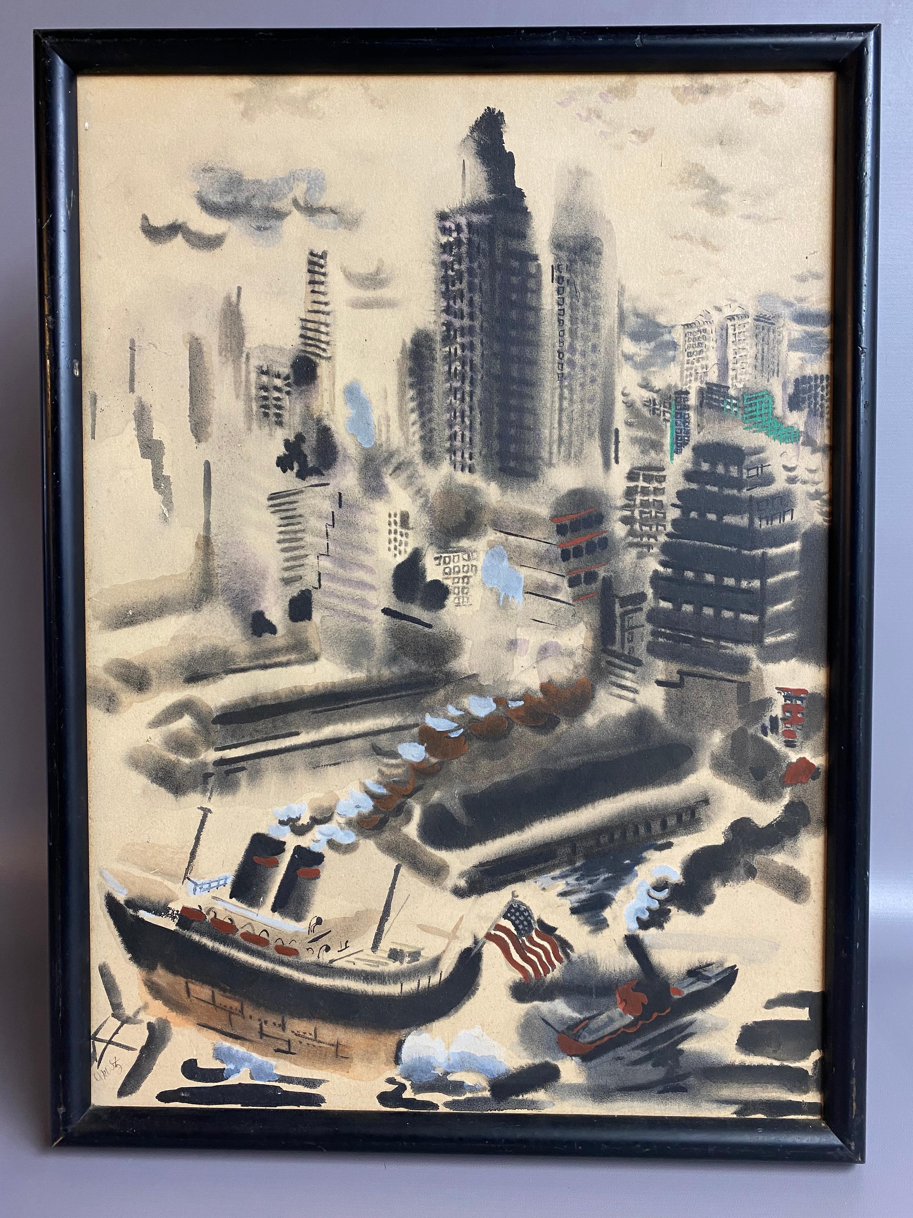 George Grosz una stampa litografica off-set su cartoncino intitolata Manhattan. Firmato in basso a sinistra nella stampa, Grosz. Grosz ritrae quello che molto probabilmente è il West Side di Manhattan e The Piers, in pieno fermento. Circa 1960. È