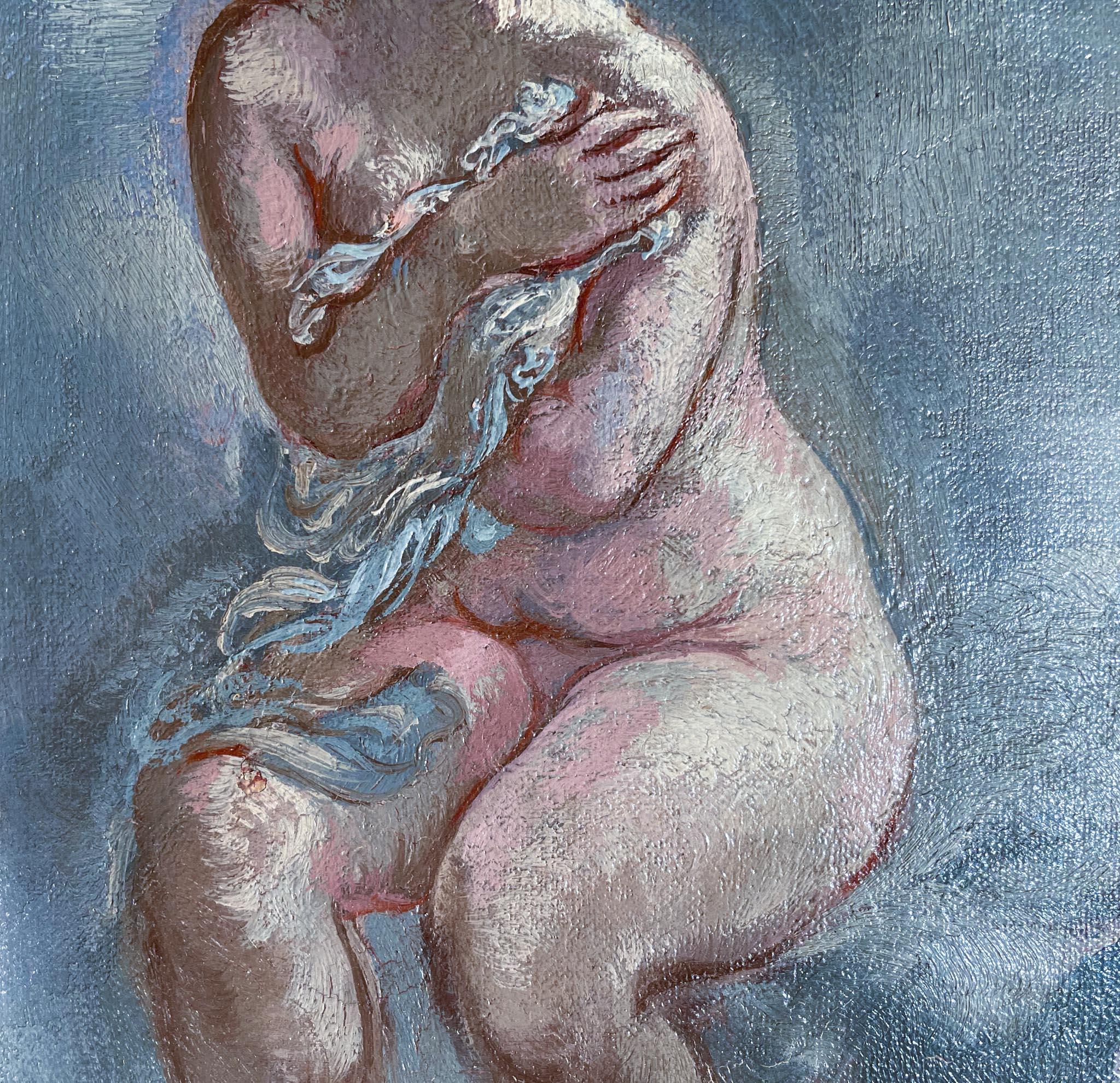 Nu assis de George Grosz (1893-1959)
Huile sur toile
9 ½ x 5 ½ pouces non encadré (24.13 x 13.97 cm)
15 x 12 pouces encadrés (38,1 x 30,48 cm)
Signé en bas à droite

Description :
Dans cette œuvre, George Grosz représente une femme nue qui se couvre