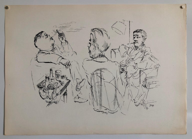 1936 Lithograph After Dinner Drinks, Scotch, Cigars Small Edition Weimar Germany - Gray Interior Print by George Grosz