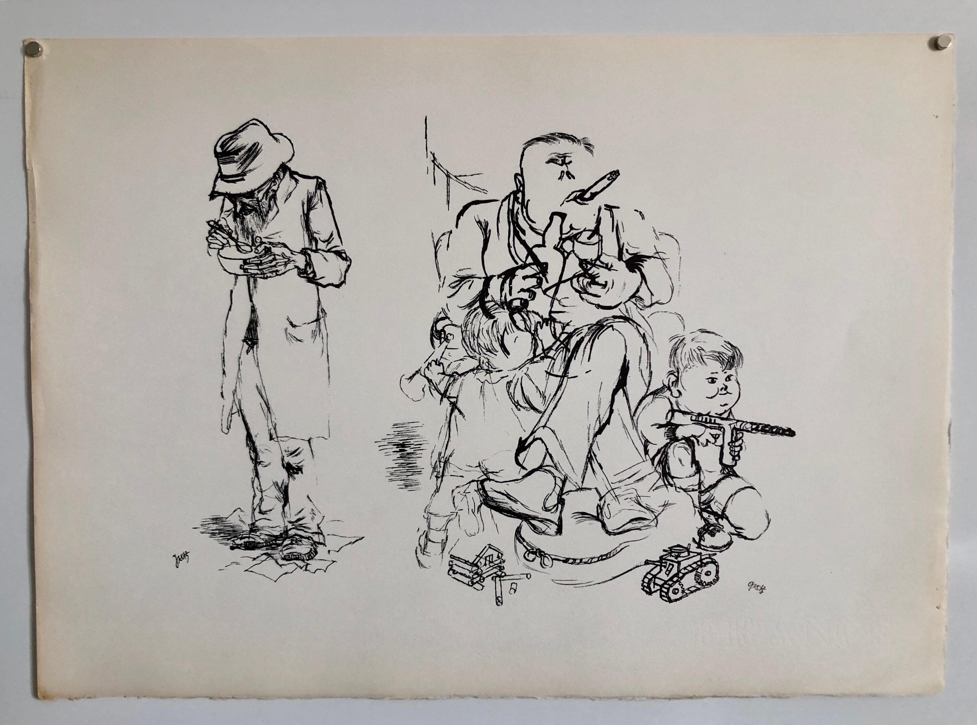 1936 Lithographie Interregnum, Zigarre, Kind mit Spielzeugpistole,  Kleine Auflage Weimar, Deutschland im Angebot 1