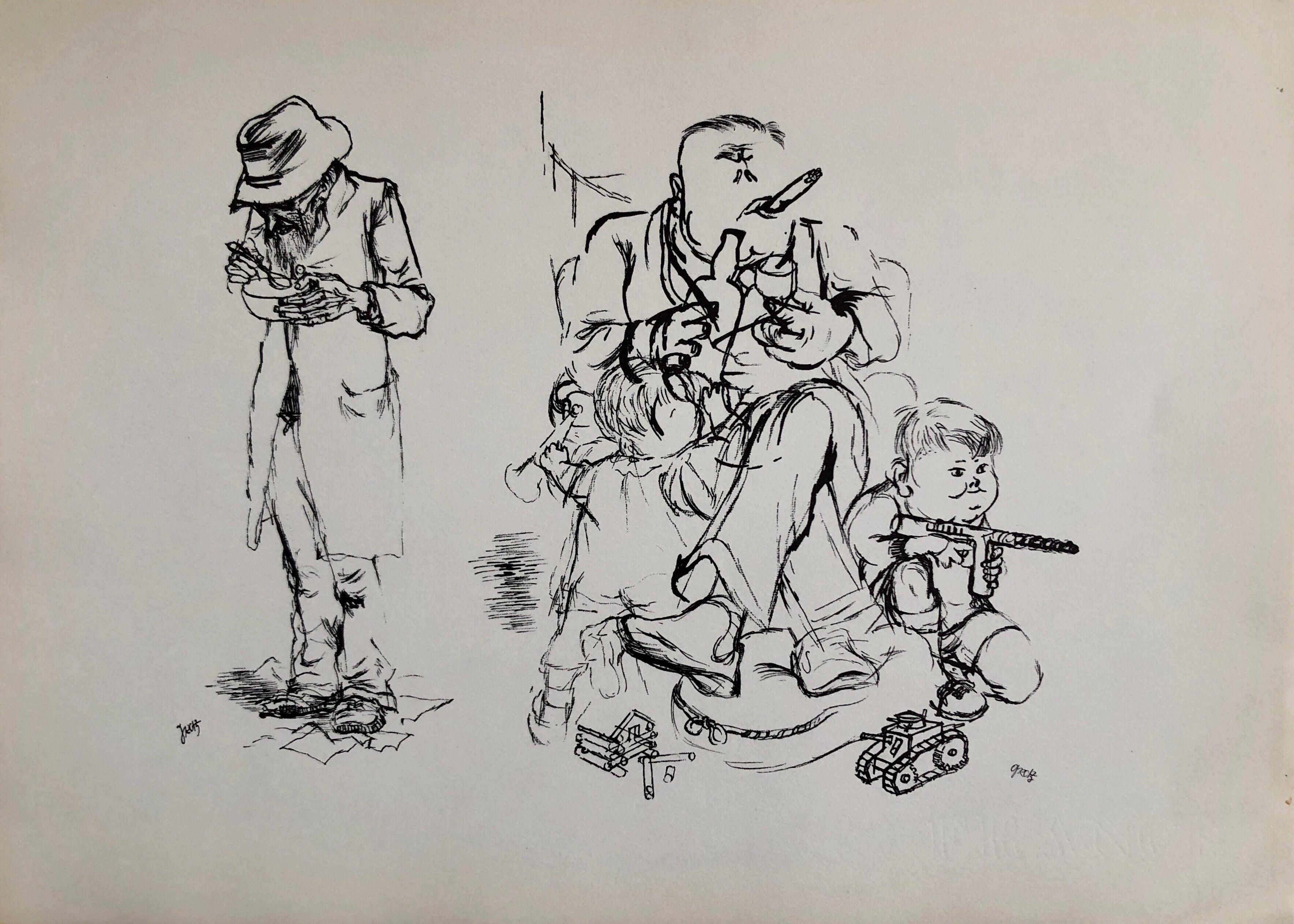 George Grosz Interior Print - 1936 Lithograph Interregnum, Cigar, Kid w Toy Gun,  Small Edition Weimar Germany