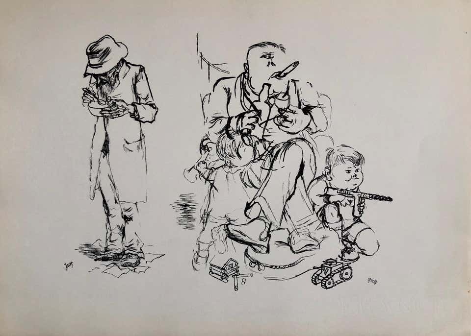 1936 Lithograph Interregnum, Cigar, Kid w Toy Gun, Small Edition Weimar Germany