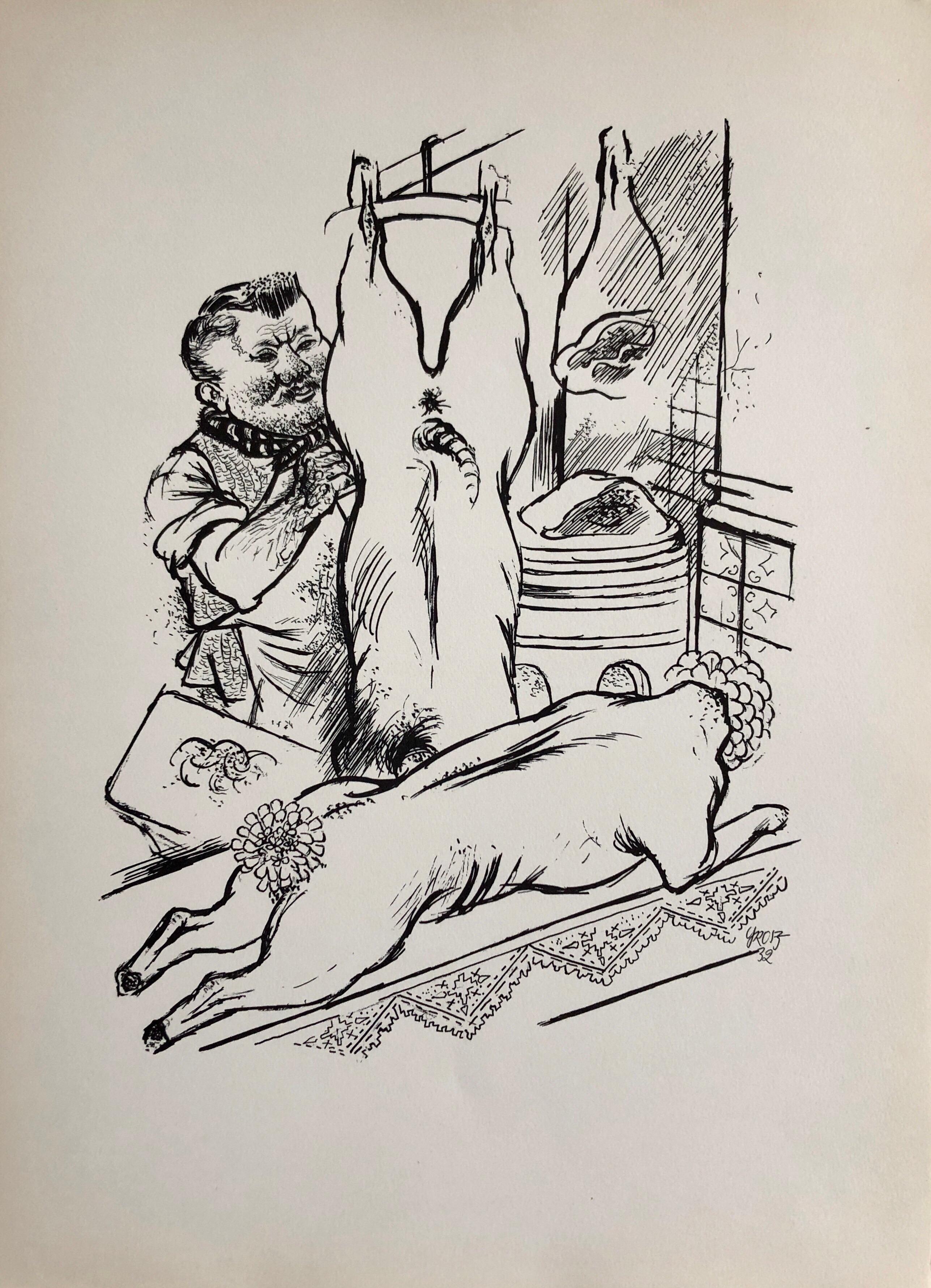 George Grosz Interior Print - 1936 Lithograph Interregnum Portfolio Butcher Shop Small Edition Weimar Germany