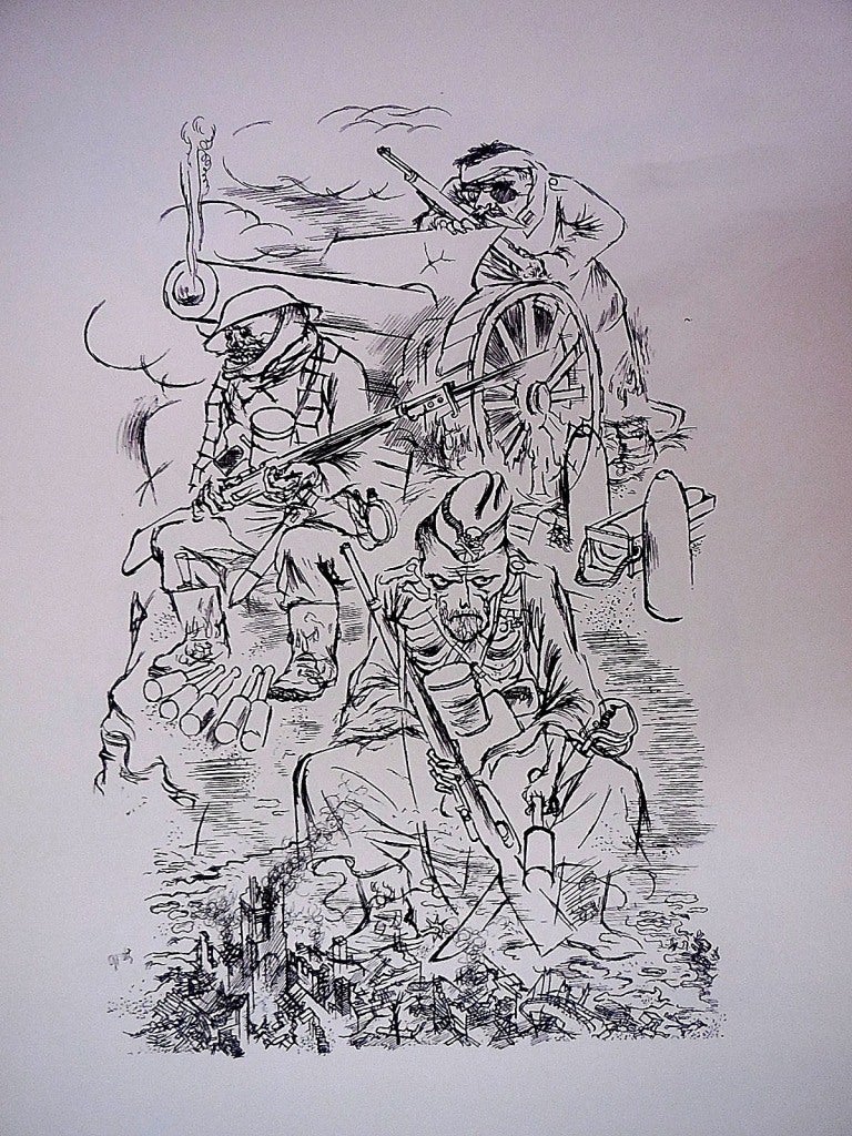 George Grosz Figurative Print - 1936 Lithograph Soldiers in battle World War I small edition