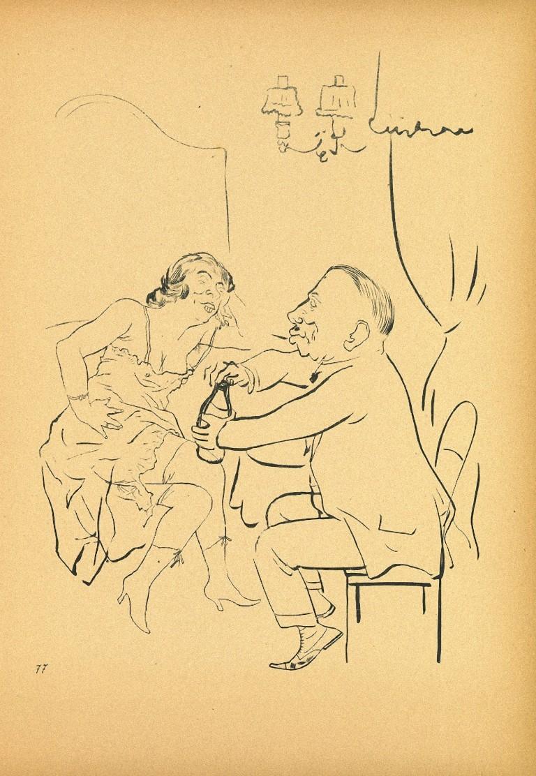 Champagne is an offset lithograph, realized by George Grosz.

The artwork is the plate n. 77 from the porfolio Ecce Homo published between 1922/1923, edition of Der Malik-Verlag Berli, that includes offset lithograph print.

Numbered on plate on