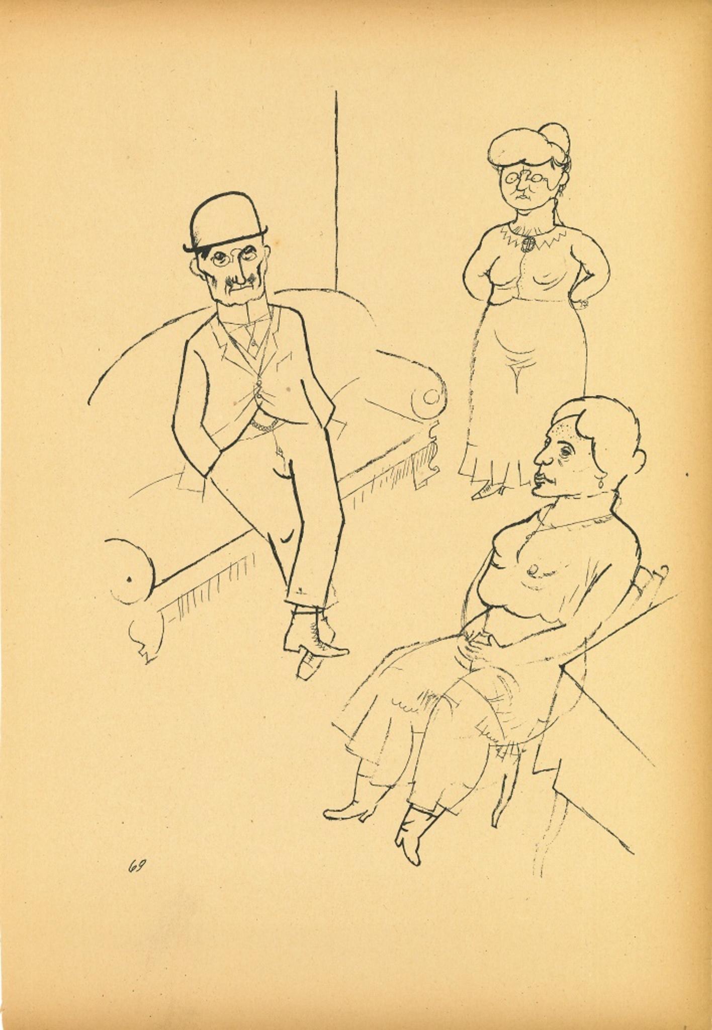 George Grosz Figurative Print - Conversation from Ecce Homo - Original Offset and Lithograph by G. Grosz - 1923