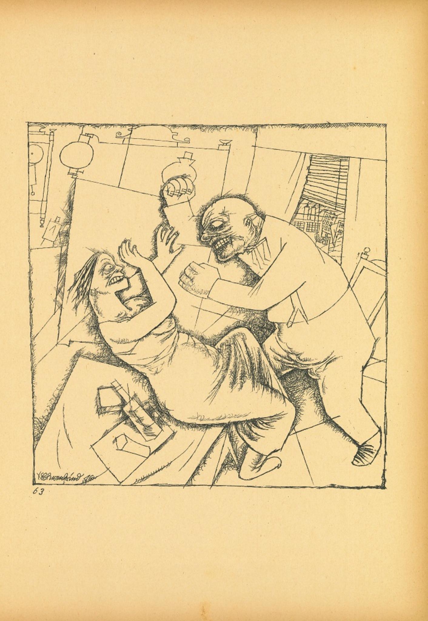Fight from Ecce Homo is an original offset lithograph, realized by George Grosz.

The artwork is the plate n. 63 from the porfolio Ecce Homo published between 1922/1923,edition of Der Malik-Verlag Berli.

Numbered on plate on lower margin. 

Good