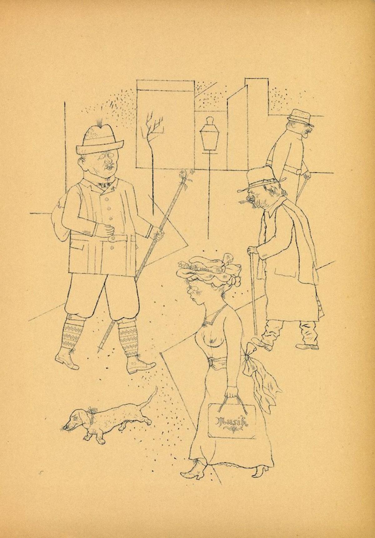 Greeting  is an original offset and lithograph realized by George Grosz.

The artwork is the plate n. 5 from the portfolio Ecce Homo published between 1922/1923, edition of Der Malik-Verlag Berlin.

Numbered on the plate on the lower margin.