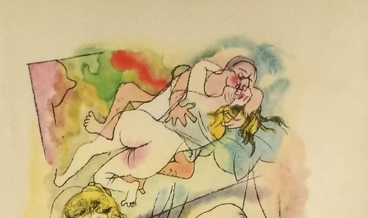 Color Lithograph on handmade paper from Ecce Homo, by George Grosz, 1922. Printed by Kunstanstalt Dr. Selle & Co. AG, Berlin. Published by Malik Verlag, 1923. Numbered in Roman numerals lower left. Here number V. Framed, under museum glass.