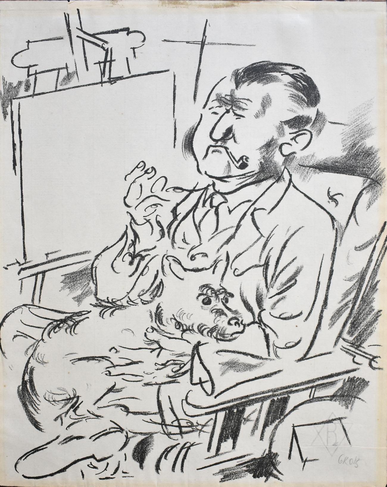 George Grosz Figurative Print -  Self-Portrait with Dog in Front of the Easel, from: The Creators - German Art